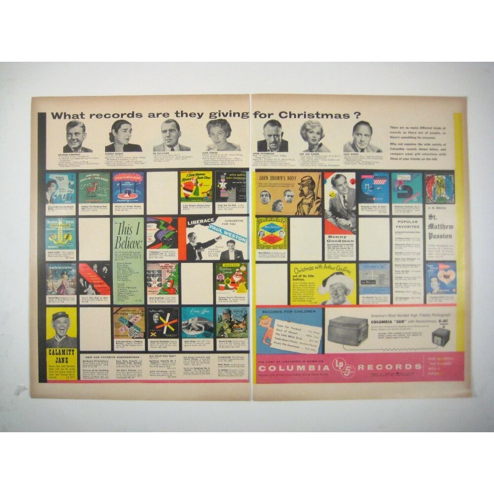 1953 Vintage Columbia Records Christmas Print Ad 2 Page Ed Sullivan Doris Day